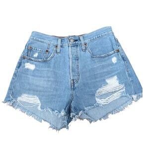 Levis 501 Original High Rise Distressed Denim Shorts Light Wash Blue 56327-0177